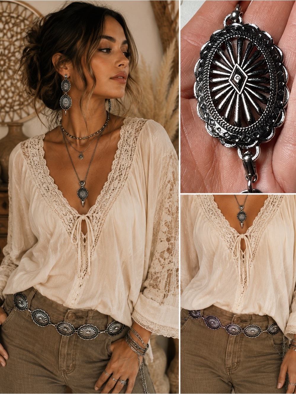 Western Concho Chain Belt Silver Oval Medallion Adjustable Boho Festival